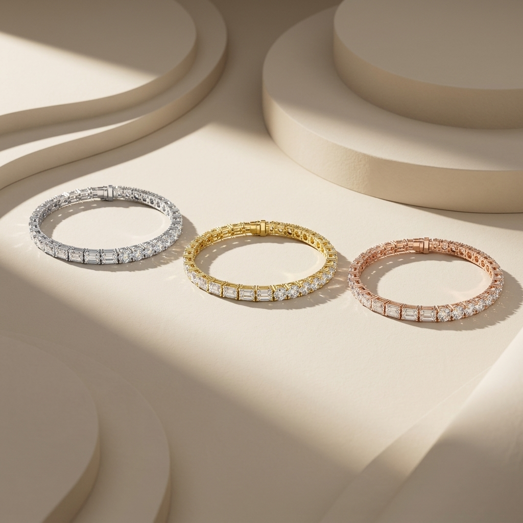 Tri-tone alternating cut diamond tennis bracelet collection
White yellow and rose gold mixed diamond bracelets
Luxury round and emerald cut diamond bracelet trio
Elegant alternating diamond bracelets in three gold tones
Fine jewelry tri-color mixed cut diamond bracelet collection
Premium multi shape diamond tennis bracelets on cream display
Sparkling three tone diamond line bracelet collection
Contemporary mixed stone diamond bracelet trio
Luxury alternating cut diamond bracelets on beige background
White y