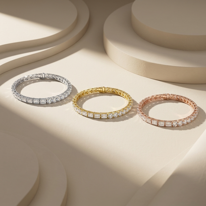 Tri-tone alternating cut diamond tennis bracelet collection
White yellow and rose gold mixed diamond bracelets
Luxury round and emerald cut diamond bracelet trio
Elegant alternating diamond bracelets in three gold tones
Fine jewelry tri-color mixed cut diamond bracelet collection
Premium multi shape diamond tennis bracelets on cream display
Sparkling three tone diamond line bracelet collection
Contemporary mixed stone diamond bracelet trio
Luxury alternating cut diamond bracelets on beige background
White y