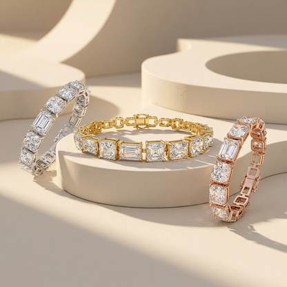 Tri-tone emerald and radiant cut diamond bracelet collection
White yellow and rose gold rectangular diamond bracelets
Luxury mixed cut diamond link bracelet trio
Elegant geometric diamond bracelets in three gold tones
Fine jewelry tri-color multi stone diamond bracelet collection
Premium emerald and radiant diamond tennis bracelets
Sparkling white yellow and rose gold diamond link bracelets
Contemporary rectangular diamond bracelet trio on cream display
Luxury mixed shape diamond statement bracelet collecti