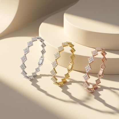 Tri-tone floral cluster diamond link bracelet collection
White yellow and rose gold flower diamond bracelets
Luxury geometric floral diamond bracelet trio
Elegant diamond cluster link bracelets in three gold tones
Fine jewelry tri-color floral motif diamond bracelets
Premium flower shape diamond link bracelet collection
White gold yellow gold and rose gold diamond bracelets
Contemporary floral cluster diamond bracelet display
Luxury tri-tone diamond statement bracelet collection
Sparkling geometric flower d