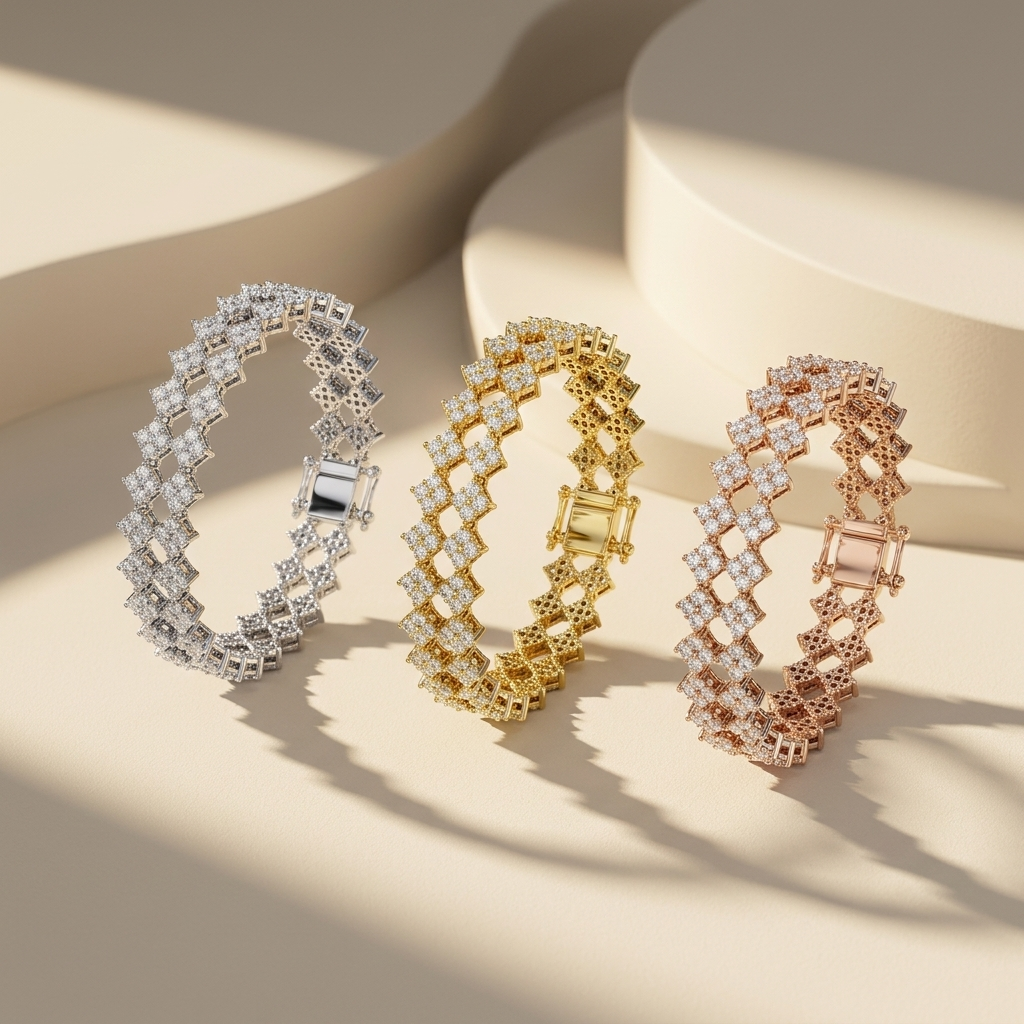 Tri-tone floral lattice diamond bracelet collection
White yellow and rose gold diamond link bracelets
Luxury openwork floral diamond bracelet trio
Elegant geometric diamond bracelets in three gold tones
Fine jewelry tri-color lattice diamond bracelet collection
Premium floral cluster diamond link bracelets
White gold yellow gold and rose gold statement bracelets
Contemporary open lattice diamond bracelet display
Luxury tri-tone flower motif diamond bracelet collection
Sparkling floral diamond bracelets on b