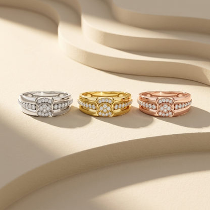 Elegant trio of rings in white, yellow, and rose gold
Stylish band rings with floral-inspired diamond center
Fine jewelry collection with pavé diamond detailing
Luxury multi-tone rings with intricate design work
Sophisticated set of diamond bands in three gold colors
Contemporary rings with clustered diamond centerpiece
Premium gold bands with polished and detailed finish
Designer collection featuring floral diamond patterns
Close-up of tri-color rings with sparkling accents
Modern jewelry set with elegant 