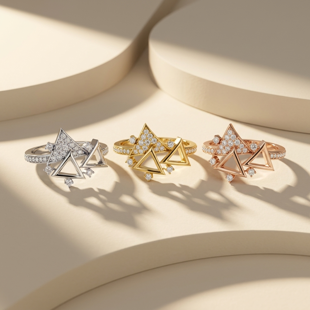 White gold geometric triangle diamond statement ring
Yellow gold layered triangle diamond ring design
Rose gold geometric triangle diamond fashion ring
Luxury tri-tone triangle diamond ring collection
Modern open triangle diamond rings in three gold tones
Fine jewelry geometric diamond triangle ring set
Contemporary layered triangle diamond statement rings
Elegant white yellow and rose gold diamond rings
Premium geometric triangle diamond ring collection
Artistic multi-triangle diamond rings in mixed gold t