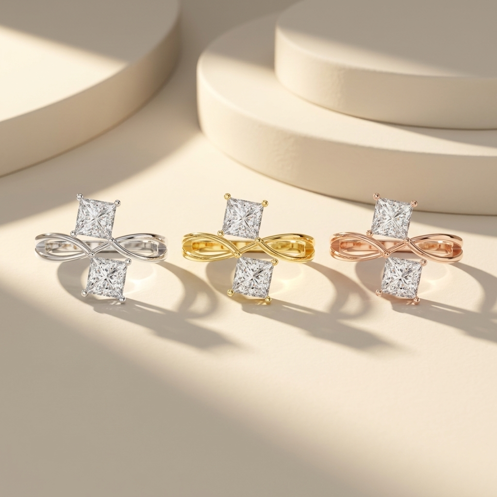 Trio of infinity rings in white, yellow, and rose gold
Elegant multi-tone rings with dual diamond setting
Stylish collection of twisted band diamond rings
Fine jewelry set with modern infinity design
Premium rings in three gold color variations
Contemporary dual diamond rings with sleek style
Luxury collection of geometric diamond rings
Sophisticated tri-color jewelry display
Designer infinity rings with clean structure
Close-up of multi-tone rings with sparkling diamonds