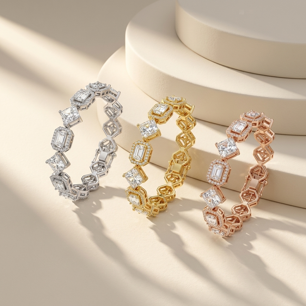 Tri-tone mixed cut geometric diamond bracelet collection
White yellow and rose gold diamond link bracelets
Luxury emerald and asscher cut diamond bracelet trio
Elegant multi shape diamond bracelets in three gold tones
Fine jewelry tri-color geometric diamond bracelet collection
Premium mixed cut diamond link bracelet display
White gold yellow gold and rose gold statement bracelets
Contemporary geometric multi stone diamond bracelet trio
Luxury mixed shape diamond bracelets on beige background
Sparkling tri-