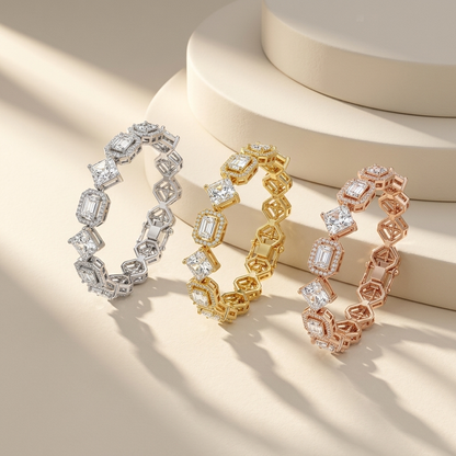 Tri-tone mixed cut geometric diamond bracelet collection
White yellow and rose gold diamond link bracelets
Luxury emerald and asscher cut diamond bracelet trio
Elegant multi shape diamond bracelets in three gold tones
Fine jewelry tri-color geometric diamond bracelet collection
Premium mixed cut diamond link bracelet display
White gold yellow gold and rose gold statement bracelets
Contemporary geometric multi stone diamond bracelet trio
Luxury mixed shape diamond bracelets on beige background
Sparkling tri-