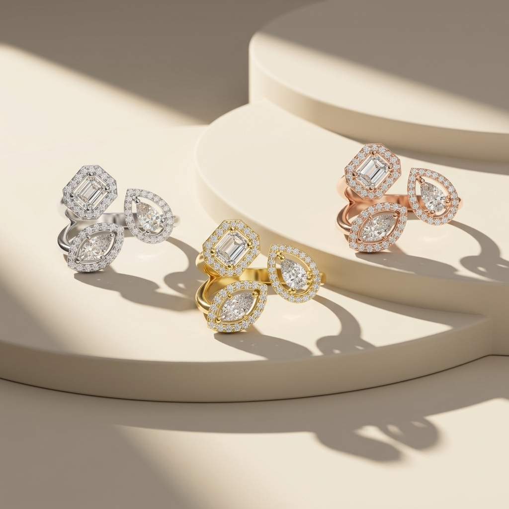 Luxury rings in white, yellow, and rose gold with diamond halos
Elegant trio of multi-shape diamond rings in three gold tones
Fine jewelry collection featuring mixed cut diamond designs
Stylish gold rings set with pear and emerald cut diamonds
Premium tri-color rings with sparkling halo settings
Designer rings showcasing modern multi-stone arrangements
High-end jewelry in white, yellow, and rose gold finishes
Sophisticated diamond rings with artistic cluster designs
Contemporary collection of bold statement