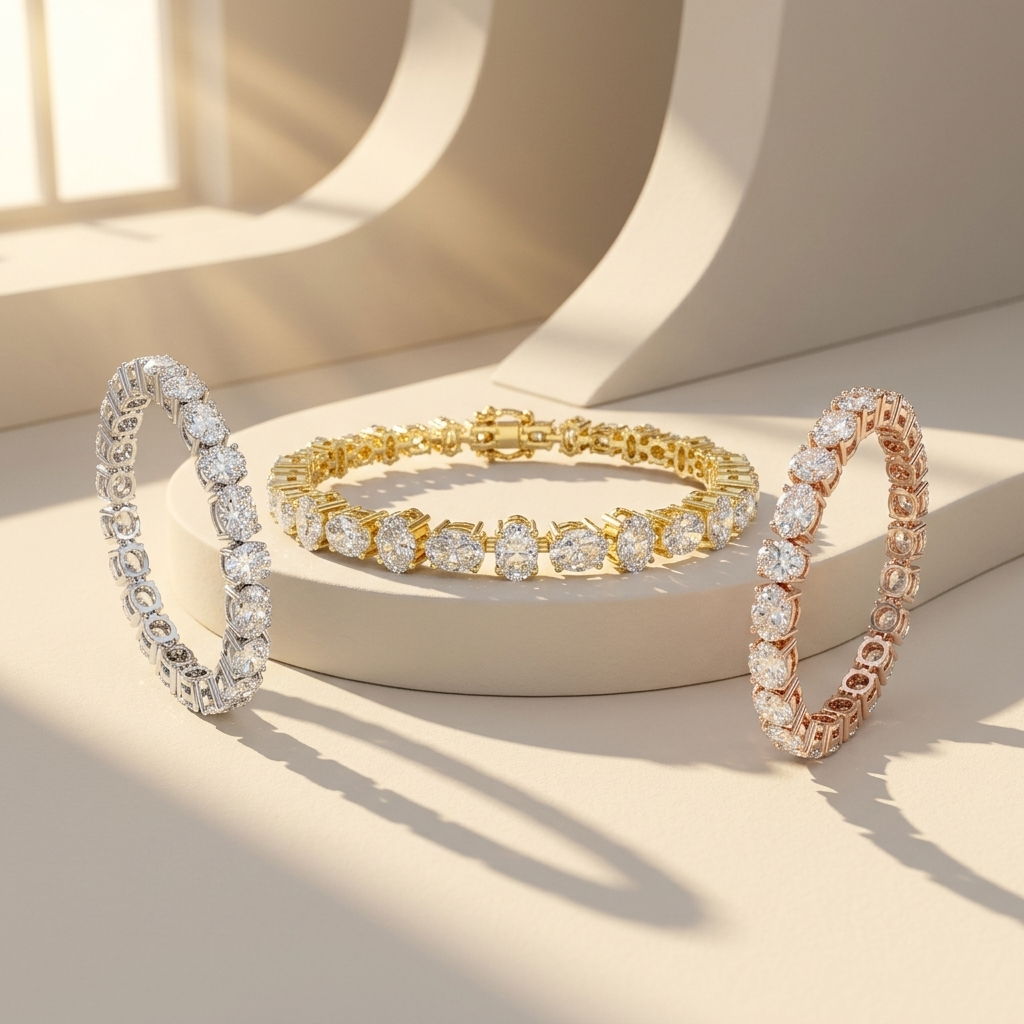 Tri-tone oval cut diamond tennis bracelet collection
White yellow and rose gold oval diamond bracelets
Luxury three tone oval diamond link bracelet display
Elegant oval cut diamond bracelets in three gold colors
Fine jewelry tri-color diamond tennis bracelet collection
Premium oval diamond line bracelets on beige background
Sparkling white gold yellow gold and rose gold bracelets
Contemporary oval stone diamond bracelet trio
Luxury multi stone diamond tennis bracelet collection
Elegant tri-tone oval diamond