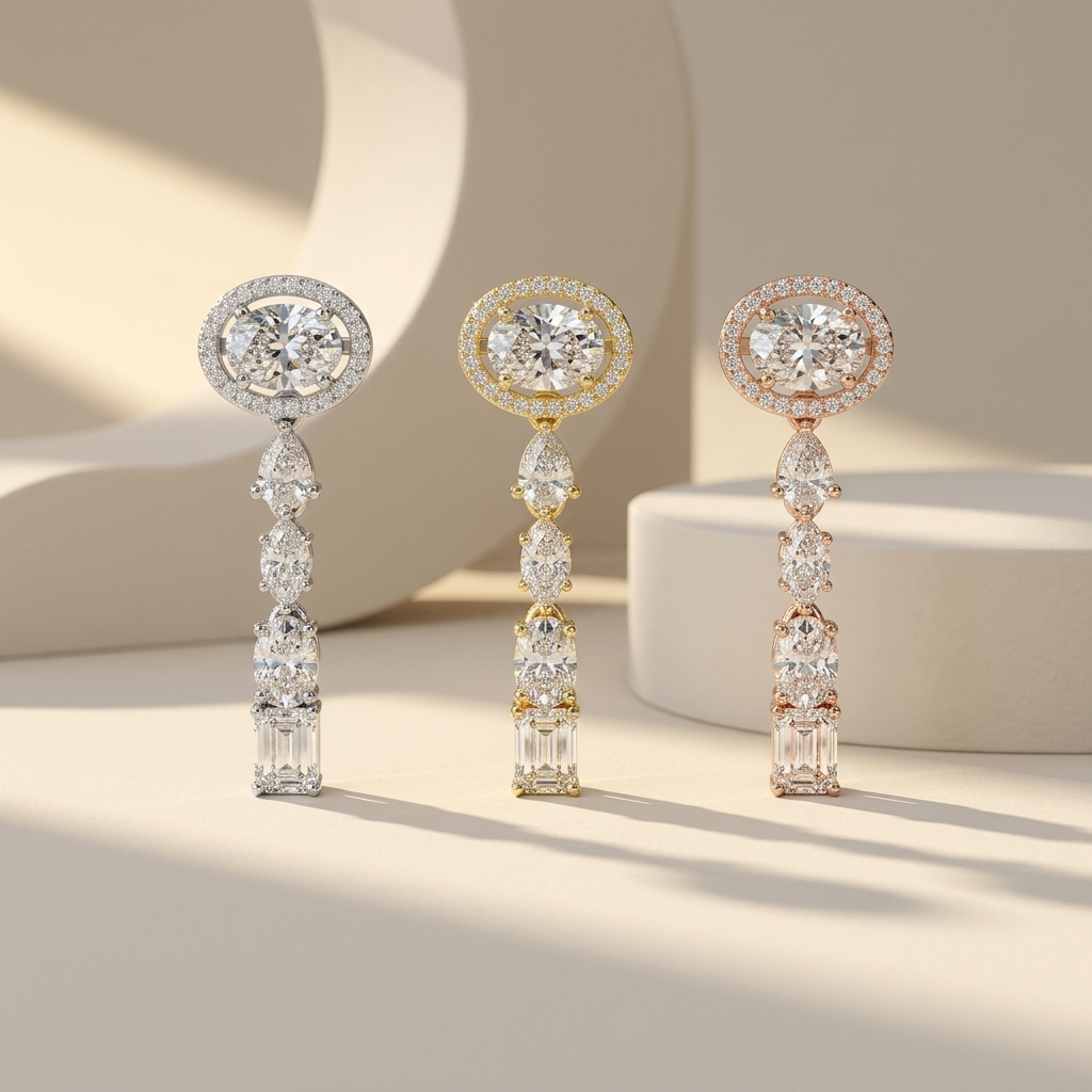 White gold oval halo diamond drop earring
Yellow gold marquise diamond dangle earring design
Rose gold multi shape diamond drop earring
Luxury tri-tone cascading diamond earring collection
Oval halo and marquise diamond statement earrings
Fine jewelry mixed cut diamond drop earrings
Premium white yellow and rose gold diamond earrings
Elegant long multi stone diamond dangle earrings
Contemporary oval marquise and emerald cut diamond earrings
Luxury tri-color diamond drop earring collection