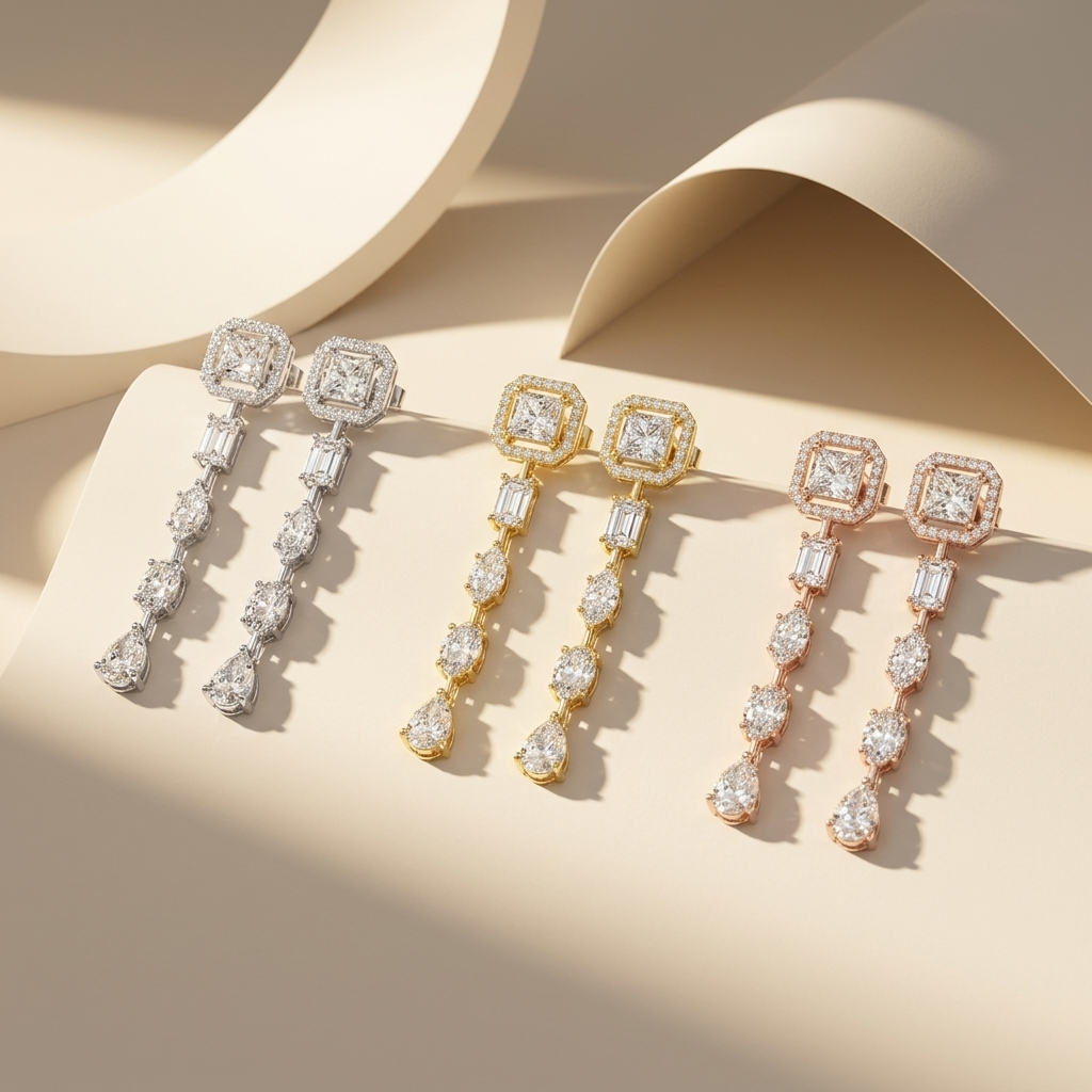 White gold princess cut diamond drop earring pair
Yellow gold multi shape diamond dangle earrings
Rose gold princess halo diamond drop earrings
Luxury tri-tone long diamond earring collection
Princess cut halo and pear diamond statement earrings
Fine jewelry mixed cut diamond dangle earring collection
Premium white yellow and rose gold diamond earrings
Elegant cascading multi stone diamond drop earrings
Contemporary long multi shape diamond earring collection
Luxury tri-color diamond drop earring collection