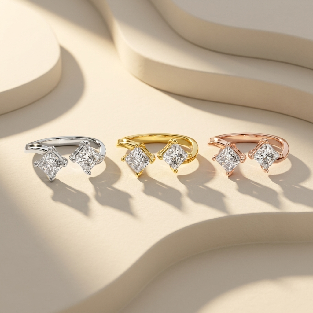 Elegant open rings in white, yellow, and rose gold tones
Stylish trio of rings featuring princess cut diamonds
Minimal dual diamond rings in three gold variations
Fine jewelry collection with modern open band design
Contemporary rings with twin diamond settings in tri-tone gold
Premium open rings with clean and balanced diamond layout
Luxury trio of gold rings with sparkling square diamonds
Sophisticated collection of multi-tone diamond rings
Close-up of three open rings with geometric diamond style
Designe