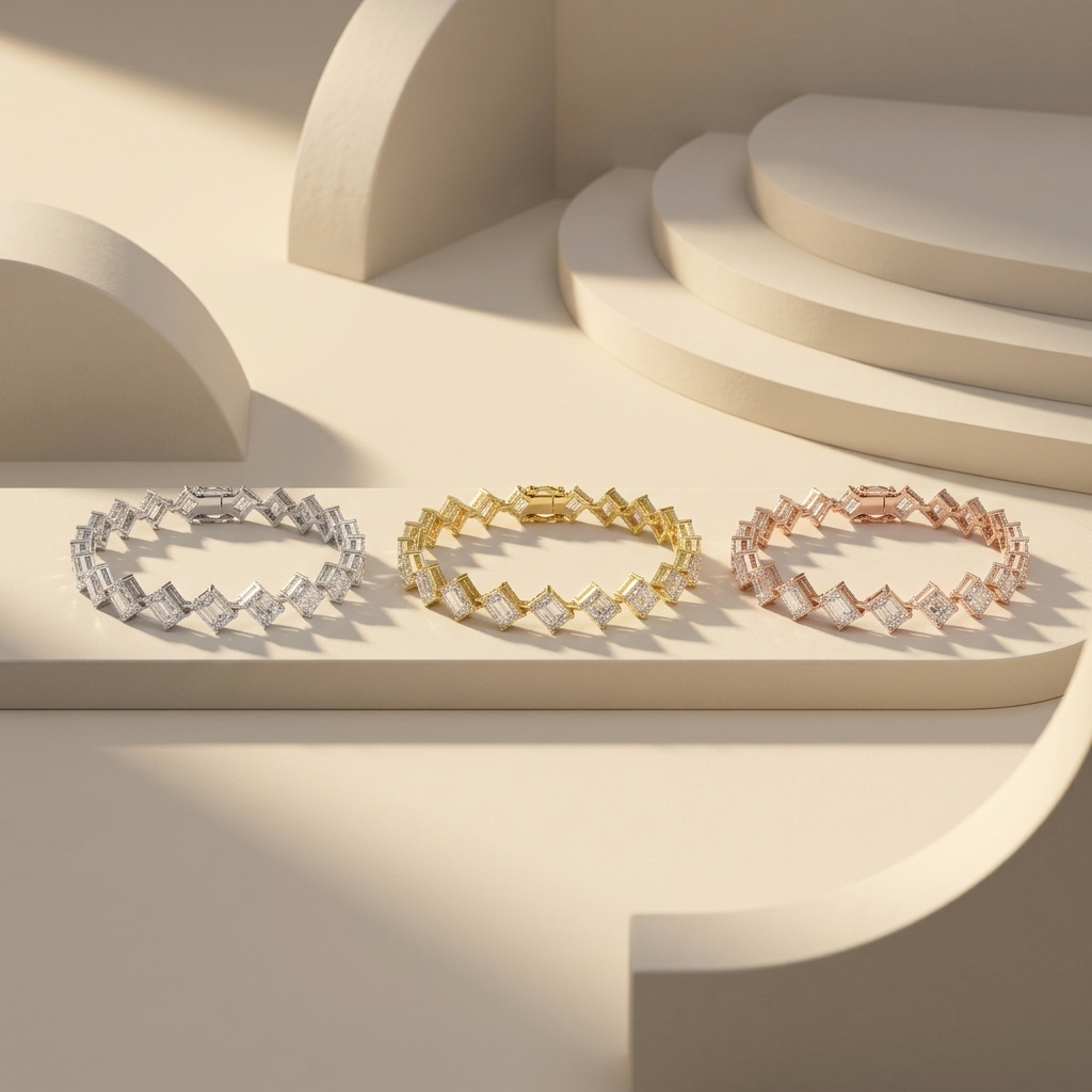 Tri-tone radiant cut diamond link bracelet collection
White yellow and rose gold geometric diamond bracelets
Luxury rectangular cut diamond bracelet trio
Elegant radiant diamond bracelets in three gold tones
Fine jewelry tri-color diamond link bracelet collection
Premium angled diamond tennis bracelets on beige display
Sparkling white yellow and rose gold diamond bracelets
Contemporary geometric diamond bracelet trio
Luxury multi stone radiant cut diamond bracelet collection
Tri-tone rectangular diamond bra