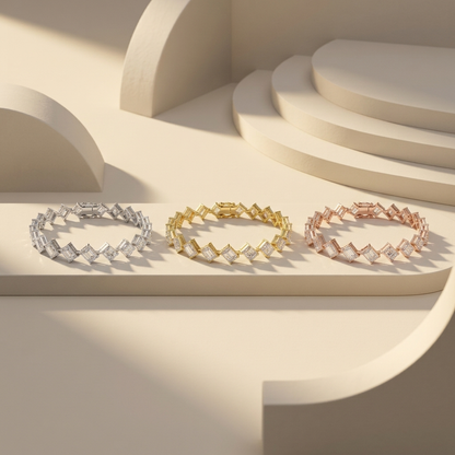 Tri-tone radiant cut diamond link bracelet collection
White yellow and rose gold geometric diamond bracelets
Luxury rectangular cut diamond bracelet trio
Elegant radiant diamond bracelets in three gold tones
Fine jewelry tri-color diamond link bracelet collection
Premium angled diamond tennis bracelets on beige display
Sparkling white yellow and rose gold diamond bracelets
Contemporary geometric diamond bracelet trio
Luxury multi stone radiant cut diamond bracelet collection
Tri-tone rectangular diamond bra