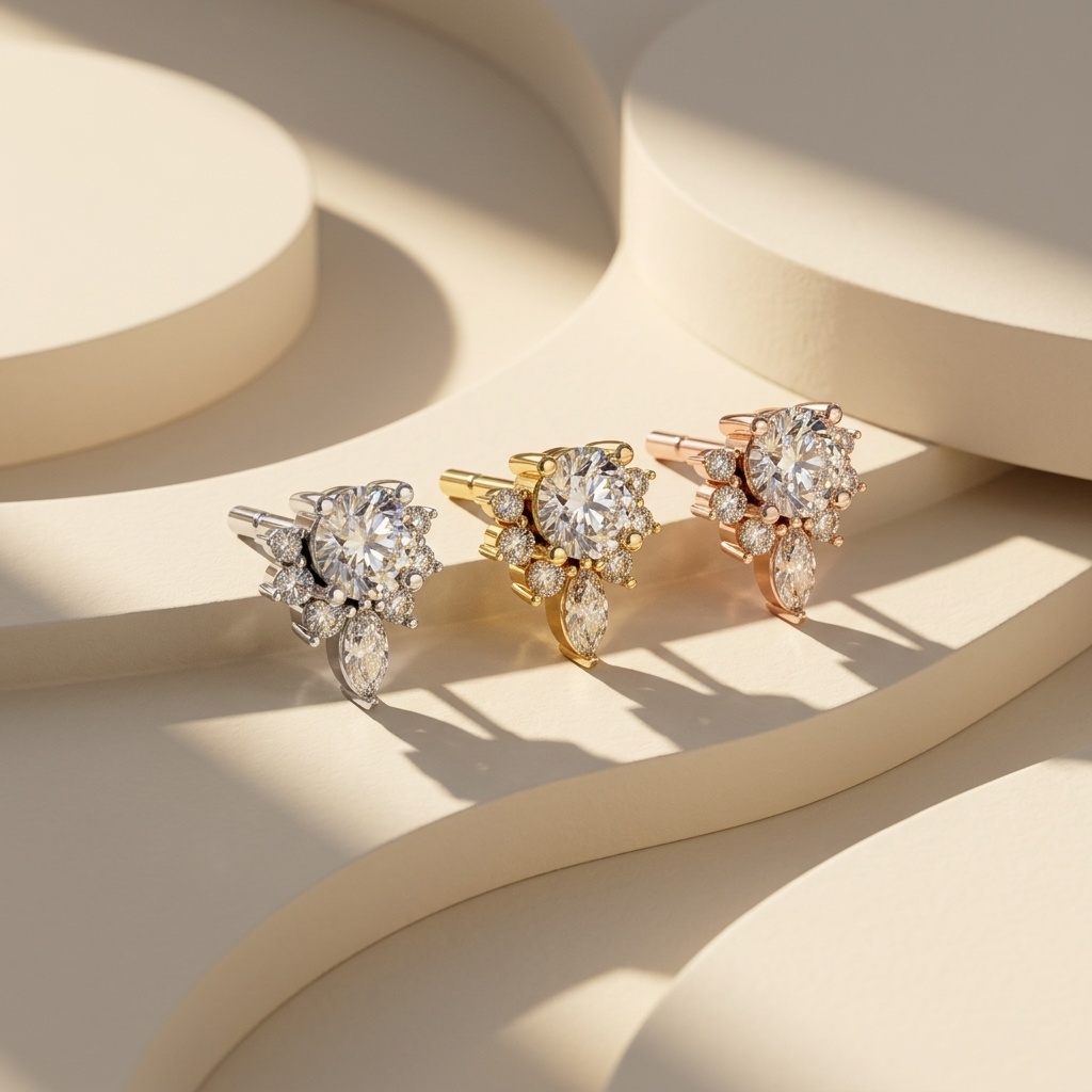 White Yellow And Rose Gold Diamond Stud Earrings With Round And Marquise Diamond Cluster
Tri Tone Diamond Stud Earrings Featuring Brilliant Round Center Stones And Accent Diamonds
Elegant White Yellow And Rose Gold Diamond Earrings In A Coordinated Three Tone Collection
Luxury Tri Tone Diamond Stud Earrings With Marquise Drop And Round Diamond Accents
Fine White Yellow And Rose Gold Diamond Earrings Showcasing A Floral Inspired Cluster Design
Premium Tri Tone Diamond Stud Earrings With Brilliant Center Diam