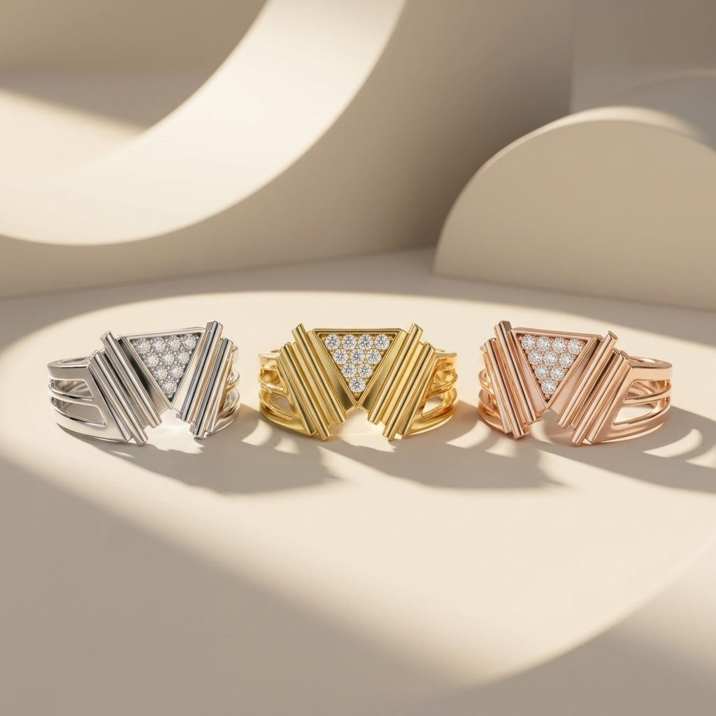 Triangle Cluster Diamond Band Metal Variants
Triangle Diamond Band Three Metal Colors
White Yellow Rose Gold Diamond Band
Triangle Cluster Diamond Ring Collection
Geometric Triangle Diamond Band Trio
Diamond Band In Three Gold Colors
Modern Triangle Diamond Band Display
Triangle Diamond Band Product Collection
Three Color Triangle Diamond Bands
Triangle Cluster Diamond Band Set