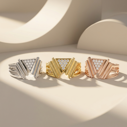 Triangle Cluster Diamond Band Metal Variants
Triangle Diamond Band Three Metal Colors
White Yellow Rose Gold Diamond Band
Triangle Cluster Diamond Ring Collection
Geometric Triangle Diamond Band Trio
Diamond Band In Three Gold Colors
Modern Triangle Diamond Band Display
Triangle Diamond Band Product Collection
Three Color Triangle Diamond Bands
Triangle Cluster Diamond Band Set