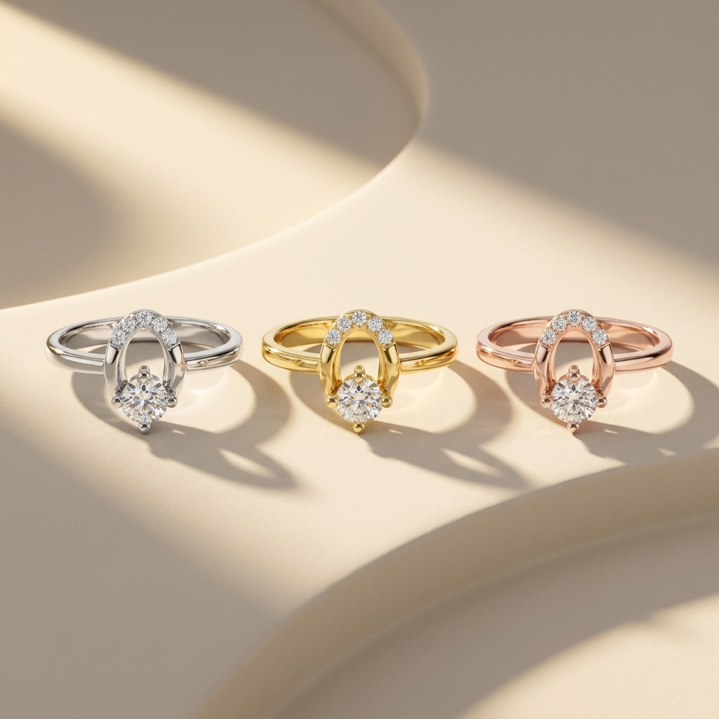 Three arch diamond solitaire rings in white yellow and rose gold
Tricolor round diamond rings with elegant pave arch designs
White yellow and rose gold diamond ring trio on cream display
Luxury solitaire rings featuring round diamonds and curved accents
Three modern gold rings with sculptural oval arch settings
Elegant diamond ring collection displayed under warm studio lighting
Fine jewelry trio with sparkling round diamonds and pave arches
Contemporary tricolor solitaire rings with artistic open arch moti