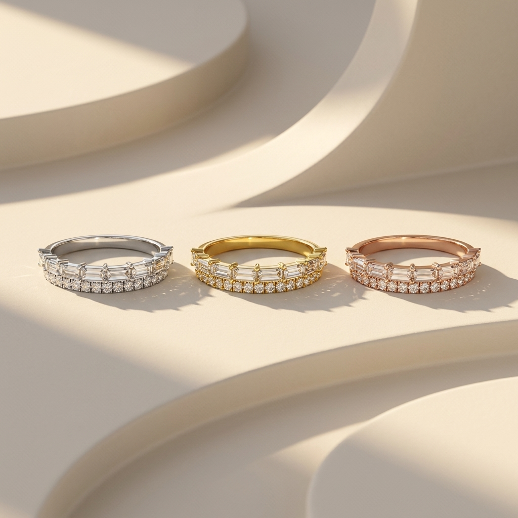 White yellow and rose gold bands with baguette and round diamond rows
Three double row bands featuring horizontal elongated diamond settings
Tricolor gold bands showcasing baguette diamonds above brilliant round stones
Elegant mixed cut diamond bands with structured two tier arrangements
Geometric gold bands featuring parallel rectangular and circular diamond rows
Fine jewelry band trio with layered baguette and round stone details
Radiant three tone bands showcasing symmetrical mixed diamond patterns
Conte