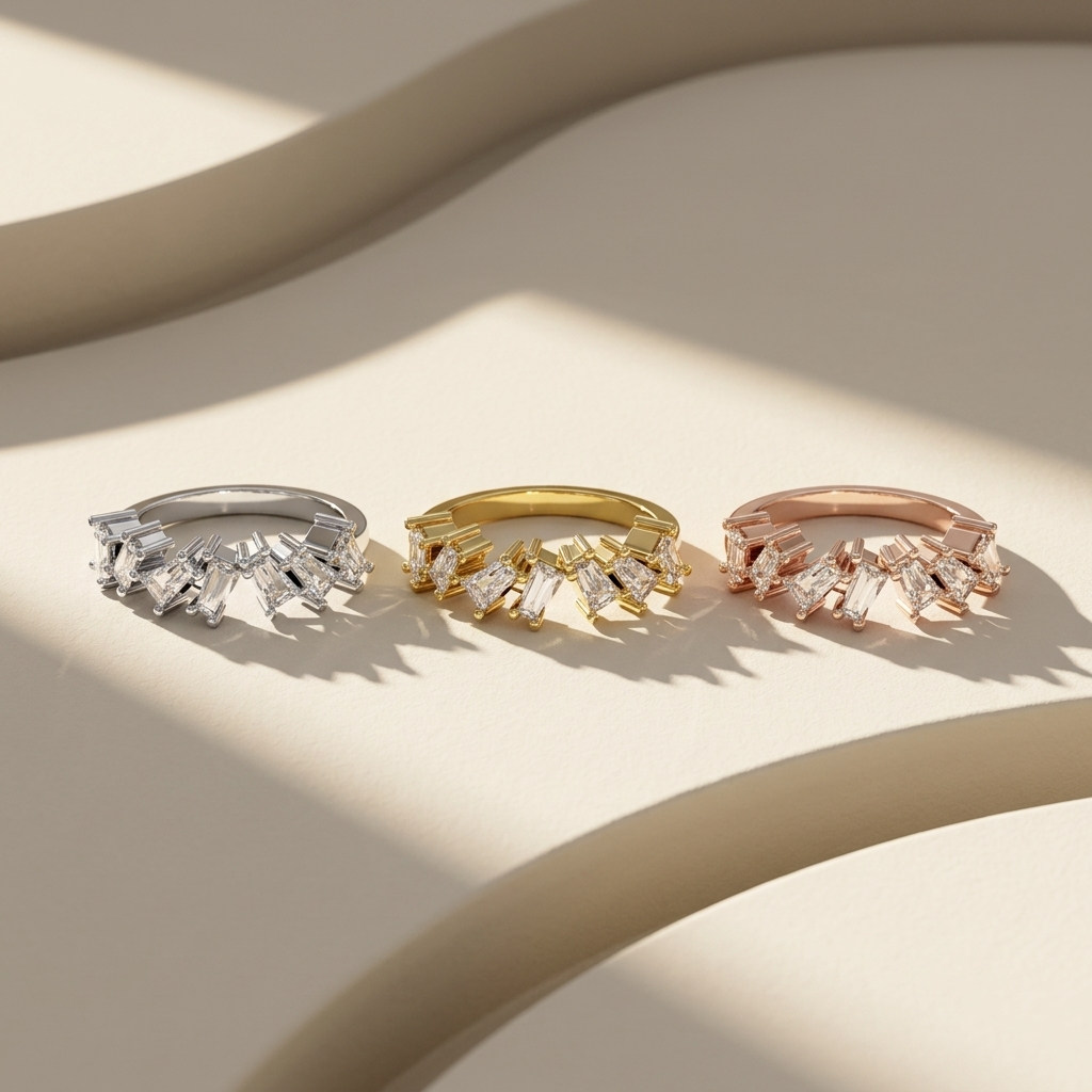 White yellow and rose gold bands with scattered baguette diamonds
Three gold bands featuring angled rectangular diamond arrangements
Tricolor bands showcasing dynamic cascading elongated stone accents
Artistic diamond bands with staggered multidirectional baguette settings
Sculptural gold band trio featuring irregular geometric diamond clusters
Contemporary mixed gold bands with brilliant angular stone details
Fine jewelry bands showcasing asymmetrical baguette diamond patterns
Radiant three tone bands with