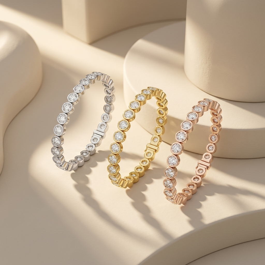 Tricolor bezel diamond orbit bracelets in sculptural display
White gold circular diamond bracelet standing on cream podium
Yellow gold round framed diamond bracelet with polished edges
Rose gold bezel stone bracelet showcased in warm sunlight
Three luxury diamond bracelets featuring repeating circle motifs
Curved white yellow and rose gold diamond bracelet collection
Modern round station diamond bracelets arranged upright
Designer circular link bracelets with brilliant diamond centers
Fine jewelry bracelet 