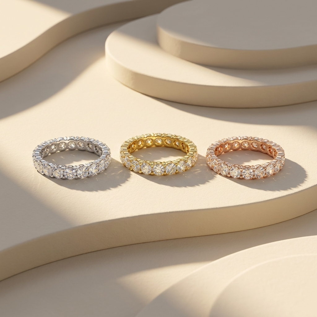White yellow and rose gold bands with continuous round diamond rows
Three eternity bands featuring closely arranged brilliant diamonds
Tricolor gold bands showcasing uninterrupted circular stone settings
Sparkling diamond bands displayed in three polished gold finishes
Coordinated eternity bands with luminous round cut diamond sequences
Fine jewelry band trio featuring full circle diamond arrangements
Radiant mixed gold bands with repeating brilliant stone details
Classic diamond eternity bands casting soft