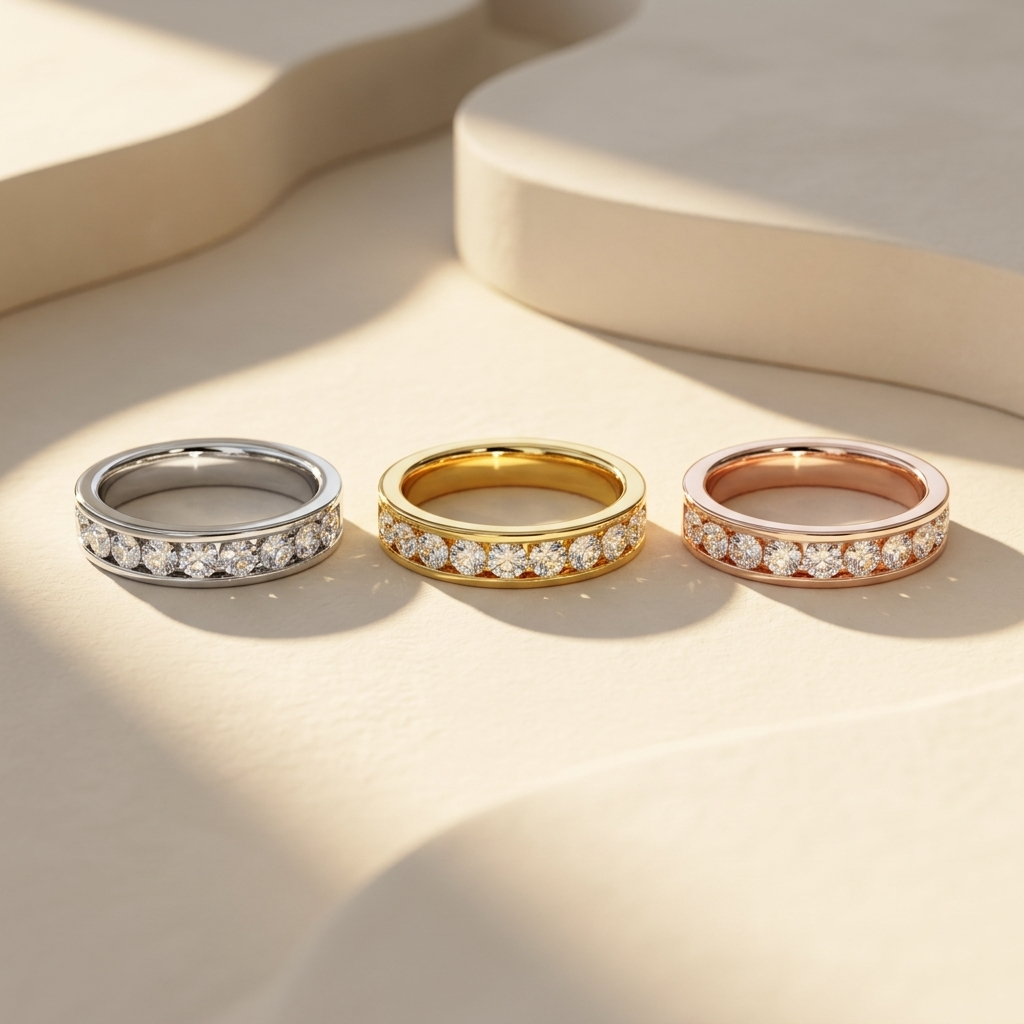 White yellow and rose gold bands with brilliant round diamond rows
Three polished bands featuring continuous circular diamond galleries
Tricolor gold bands with luminous round stones framed by smooth edges
Elegant diamond bands showcasing uniform single row stone arrangements
Brilliant round diamonds displayed across three refined gold finishes
Fine jewelry band set featuring sleek bordered diamond settings
Radiant mixed gold bands with closely aligned sparkling stones
Classic three tone bands showcasing sy