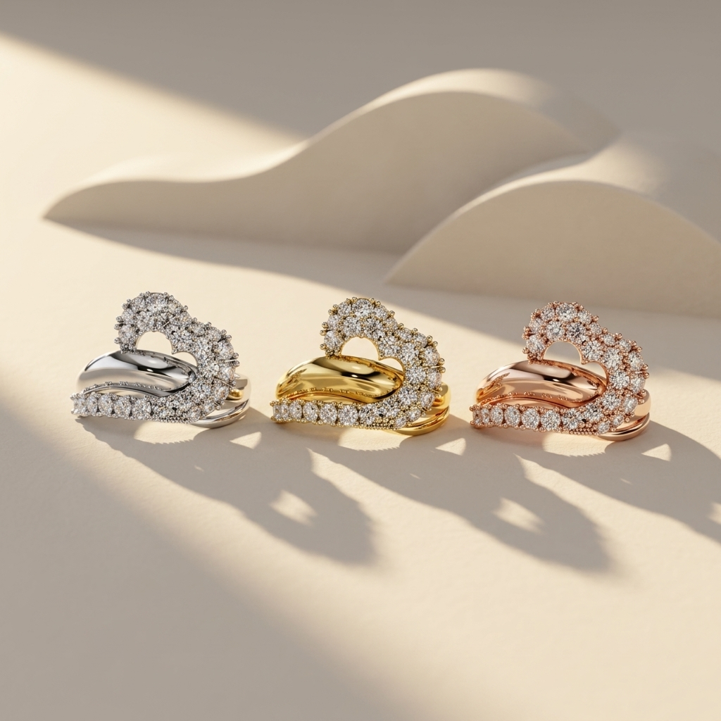 White yellow and rose gold heart rings with cascading diamond clusters
Three sculptural heart rings featuring sweeping polished gold curves
Tricolor diamond cluster rings forming dramatic open heart silhouettes
Luxury mixed gold heart rings with layered swirl detailing
Ornate diamond heart ring trio arranged under warm natural light
Densely set round diamonds framing smooth flowing gold center accents
Statement heart rings crafted in three radiant precious metal finishes
Artistic diamond cluster designs wit