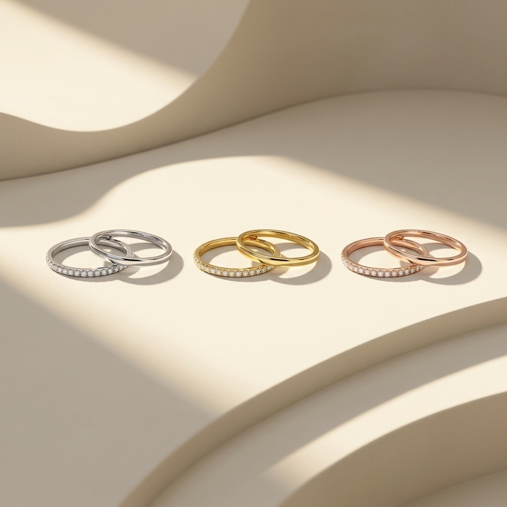Classic diamond wedding band rings in white yellow and rose gold
Tricolor matching wedding band ring collection
Luxury plain and diamond wedding bands in three gold finishes
Fine jewelry tricolor wedding band ring set on display
Premium white yellow and rose gold bridal band collection
Contemporary slim diamond bands paired with polished wedding rings
Designer tricolor classic wedding band ring collection
Elegant matching plain and pavé diamond bands in three gold tones
Stylish wedding band ring collection 