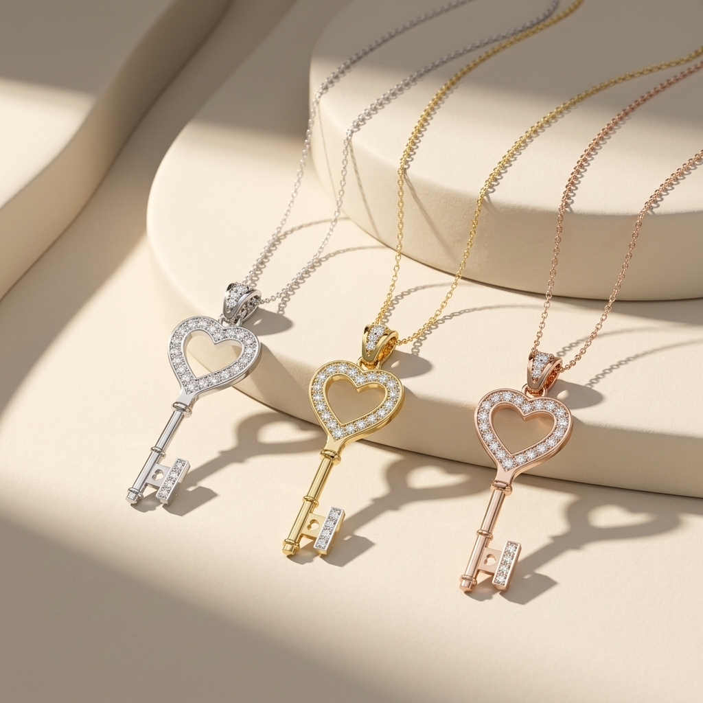 Diamond heart key pendant necklaces in white yellow and rose gold
Tricolor heart key pendant necklace collection on display
Luxury heart shaped key necklaces in three gold finishes
Elegant diamond heart key pendants with matching chains
Fine jewelry tricolor heart key pendant showcase
Premium white yellow and rose gold heart key necklaces
Contemporary diamond heart key pendant collection close up
Designer heart key necklaces featuring pavé diamonds
Sparkling tricolor heart key pendant jewelry collection
Sty