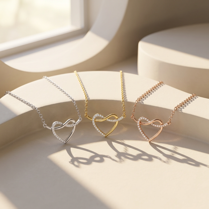 White yellow and rose gold diamond infinity heart pendants
Three elegant heart pendants featuring sparkling diamond curves
Tricolor gold heart pendant collection with infinity accents
Luxury diamond heart pendants displayed in three gold tones
Coordinated infinity heart pendants in mixed gold finishes
Sparkling diamond heart pendant trio under warm sunlight
Fine jewelry heart pendants crafted in three precious gold colors
Modern intertwined heart pendants with delicate diamond detailing
Three graceful gold 
