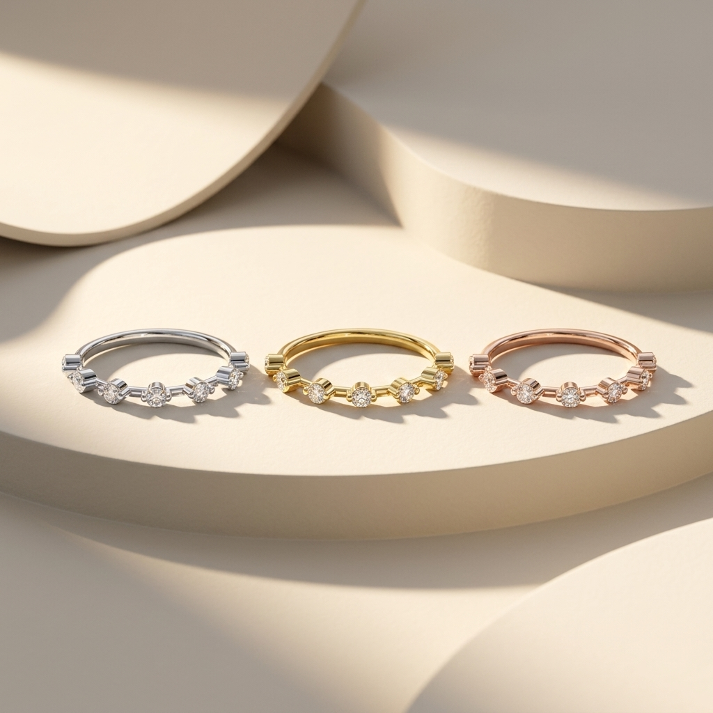 White yellow and rose gold bands with spaced round diamond accents
Three polished gold bands featuring brilliant diamond stations
Tricolor diamond bands with evenly arranged round cut stones
Sleek open rail bands showcasing sparkling diamond details
Mixed gold bands with delicate spaced solitaire diamond accents
Contemporary diamond station bands in three elegant gold finishes
Fine jewelry bands featuring streamlined gold rails and brilliant stones
Refined tricolor bands with symmetrical round diamond place