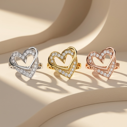 Double heart diamond halo statement rings in white yellow and rose gold
Tricolor layered open heart diamond ring collection
Luxury double heart diamond fashion rings in three gold finishes
Elegant layered heart statement rings with pavé diamond accents
Fine jewelry tricolor double heart ring showcase
Premium white yellow and rose gold open heart diamond ring collection
Contemporary layered heart rings with sparkling diamond halo design
Designer tricolor double heart statement ring trio
Stylish double heart 