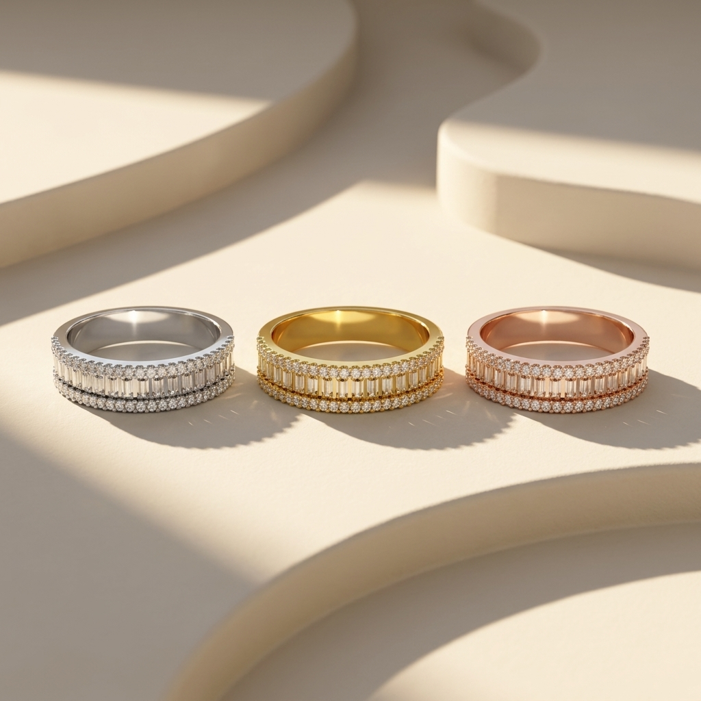 White yellow and rose gold wide bands with vertical emerald cut diamonds
Three structured diamond rings featuring triple row stone arrangements
Tricolor gold bands with elongated diamonds and round pavé borders
Geometric diamond band rings displayed in three polished gold finishes
Wide mixed gold rings showcasing aligned rectangular diamond rows
Brilliant multi row bands combining vertical stones and sparkling edges
Coordinated luxury diamond rings with symmetrical channel style detailing
Fine jewelry band 