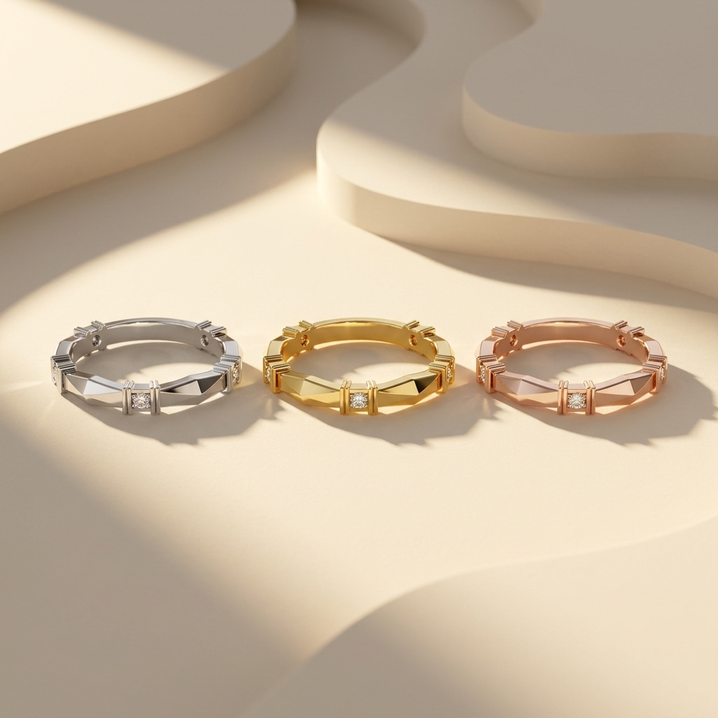 White yellow and rose gold bands with faceted geometric panels
Three polished gold bands featuring square diamond station accents
Tricolor bands showcasing angular surfaces and brilliant round diamonds
Sculpted geometric bands displayed in three elegant gold finishes
Contemporary gold bands with structured diamond set center sections
Architectural band trio featuring reflective facets and sparkling stones
Fine jewelry bands combining sharp geometric links with diamond details
Modern three tone bands with sy