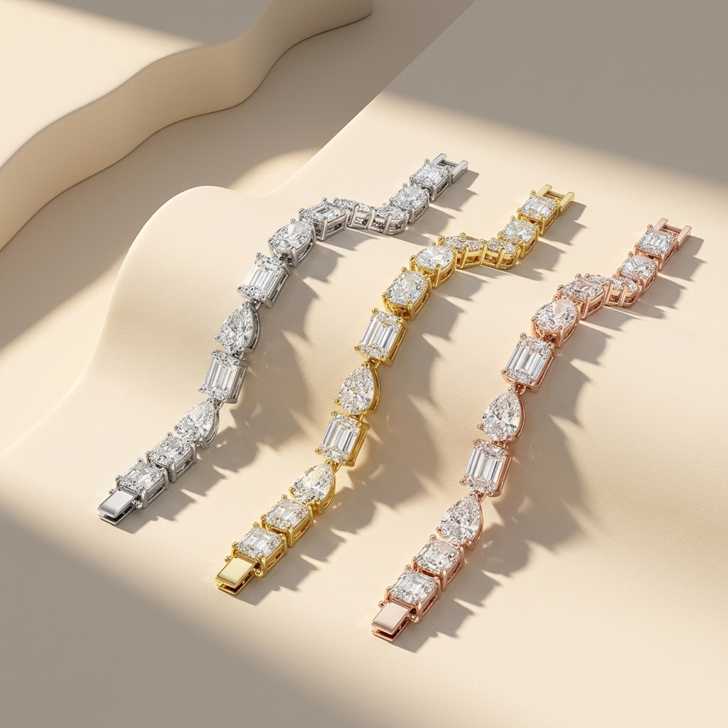 Tricolor fancy cut diamond bracelets arranged in flowing rows
White gold bracelet featuring pear oval and emerald shaped diamonds
Yellow gold mixed diamond bracelet displayed across sculpted cream surface
Rose gold multi shape diamond bracelet under warm studio lighting
Three luxury bracelets with alternating fancy diamond silhouettes
Cascading diamond link bracelets in white yellow and rose gold
Designer mixed cut bracelet trio casting artistic geometric shadows
Fine jewelry collection with emerald pear an