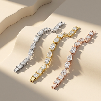 Tricolor fancy cut diamond bracelets arranged in flowing rows
White gold bracelet featuring pear oval and emerald shaped diamonds
Yellow gold mixed diamond bracelet displayed across sculpted cream surface
Rose gold multi shape diamond bracelet under warm studio lighting
Three luxury bracelets with alternating fancy diamond silhouettes
Cascading diamond link bracelets in white yellow and rose gold
Designer mixed cut bracelet trio casting artistic geometric shadows
Fine jewelry collection with emerald pear an