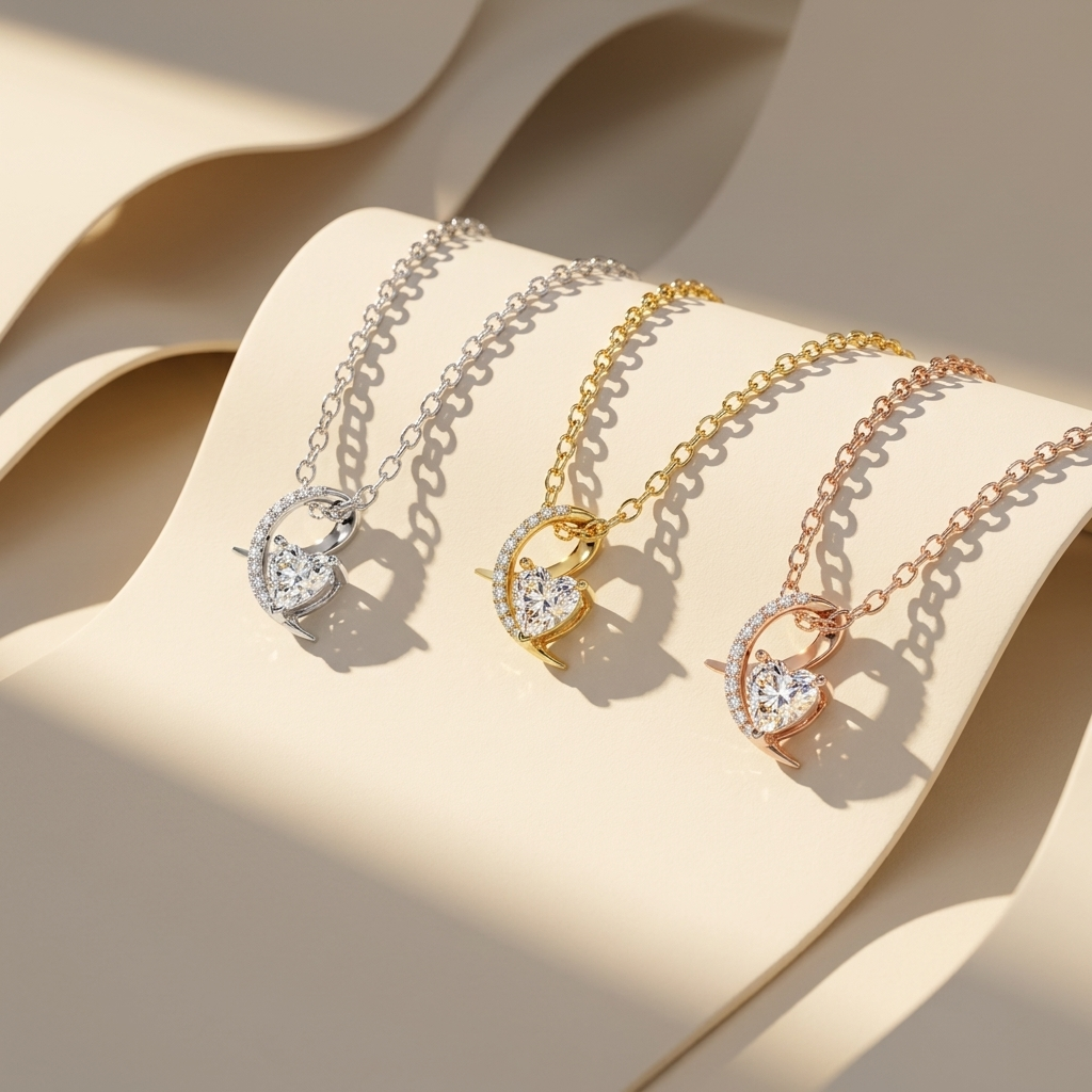 Floating heart solitaire diamond pendants in white yellow and rose gold
Tricolor heart shaped diamond pendant necklace collection
Luxury floating heart diamond necklaces in three gold finishes
White yellow and rose gold heart solitaire pendant trio
Fine jewelry floating heart diamond pendant collection
Premium tricolor gold heart pendants with brilliant heart diamonds
Contemporary floating heart solitaire necklace display
Designer heart diamond pendant necklaces with matching chains
Sparkling tricolor float