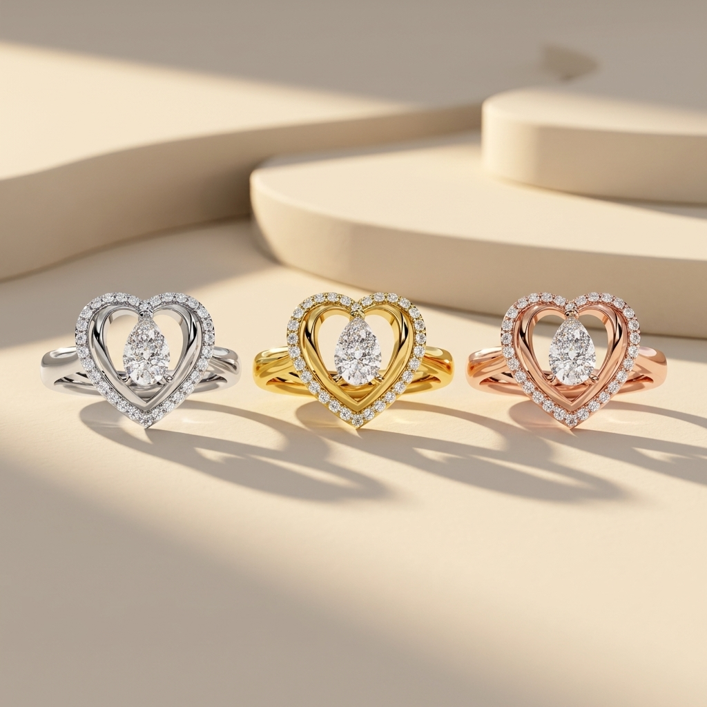 White yellow and rose gold heart rings with suspended pear diamonds
Three open heart halo rings featuring brilliant teardrop center stones
Tricolor gold rings framed with sparkling pavé heart outlines
Pear shaped diamonds floating within elegant double heart settings
Radiant mixed gold heart rings with luminous diamond borders
Sculpted heart silhouettes surrounding dazzling pear cut gemstones
Fine jewelry ring trio showcasing graceful suspended diamond designs
Romantic three tone rings with openwork hearts 