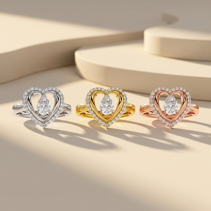 White yellow and rose gold heart rings with suspended pear diamonds
Three open heart halo rings featuring brilliant teardrop center stones
Tricolor gold rings framed with sparkling pavé heart outlines
Pear shaped diamonds floating within elegant double heart settings
Radiant mixed gold heart rings with luminous diamond borders
Sculpted heart silhouettes surrounding dazzling pear cut gemstones
Fine jewelry ring trio showcasing graceful suspended diamond designs
Romantic three tone rings with openwork hearts 