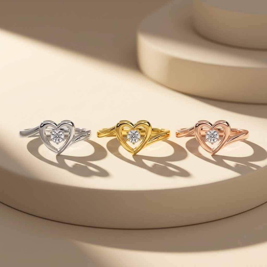 White yellow and rose gold open heart rings with round center diamonds
Three sculpted heart frame rings featuring floating solitaire stones
Tricolor gold diamond rings with airy openwork heart designs
Brilliant round diamonds suspended within polished heart silhouettes
Elegant three tone heart rings with graceful split band curves
Delicate solitaire diamond rings framed by smooth double heart outlines
Coordinated gold heart rings casting bold romantic shadows
Minimal open heart designs centered with sparkli