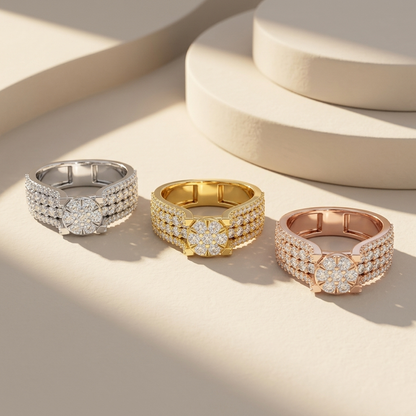 Three floral cluster diamond rings in white yellow and rose gold
Tricolor wide band rings with sparkling circular diamond centerpieces
Luxury diamond statement ring trio displayed under warm studio light
White yellow and rose gold rings featuring floral diamond clusters
Bold wide band diamond rings with layered sparkling stone rows
Elegant three-tone gold ring collection with round flower motifs
Designer statement rings featuring intricate diamond pave detailing
Fine jewelry trio with radiant clustered diam