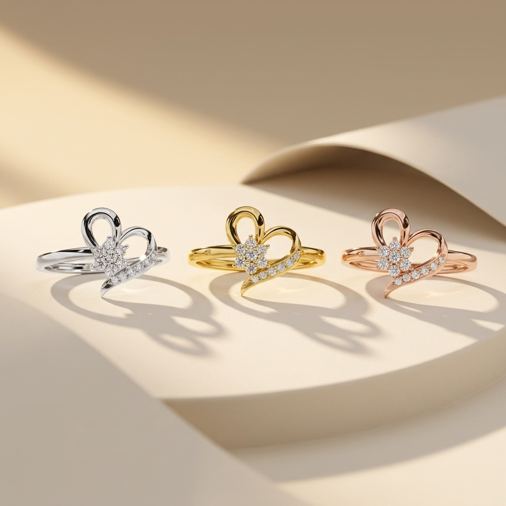 White yellow and rose gold heart rings with floral diamond centers
Three open heart rings featuring sparkling flower shaped clusters
Tricolor gold rings with graceful pavé diamond sweep accents
Sculpted heart silhouettes framing radiant diamond blossom motifs
Elegant mixed gold rings combining floral details and flowing curves
Diamond flower centerpieces enhanced by shimmering curved stone rows
Artistic heart ring trio displayed in three polished gold finishes
Delicate botanical diamond rings with asymmetri