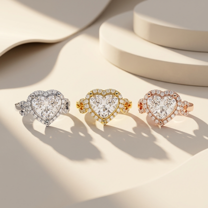 White yellow and rose gold heart diamond rings with floral shoulders
Three heart halo rings featuring decorative diamond side clusters
Tricolor gold rings centered with brilliant heart shaped diamonds
Elegant heart diamond ring trio with flower inspired side detailing
Radiant mixed gold halo rings showcasing heart cut center stones
Fine jewelry heart rings embellished with sparkling floral accents
Ornate diamond heart rings arranged in three luxurious gold finishes
Brilliant heart center rings with clustere
