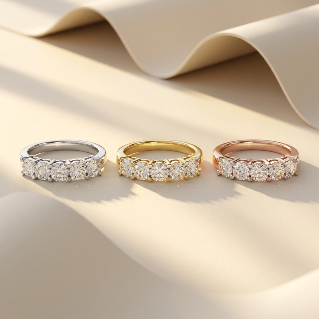 White yellow and rose gold bands with five graduated round diamonds
Three polished bands featuring brilliant five stone arrangements
Tricolor diamond bands with prominent center stone accents
Elegant five diamond bands showcasing balanced graduated settings
Brilliant round stones aligned across three refined gold finishes
Fine jewelry band trio featuring symmetrical five stone designs
Radiant mixed gold bands with closely arranged round cut diamonds
Classic five stone diamond bands displayed under warm natu