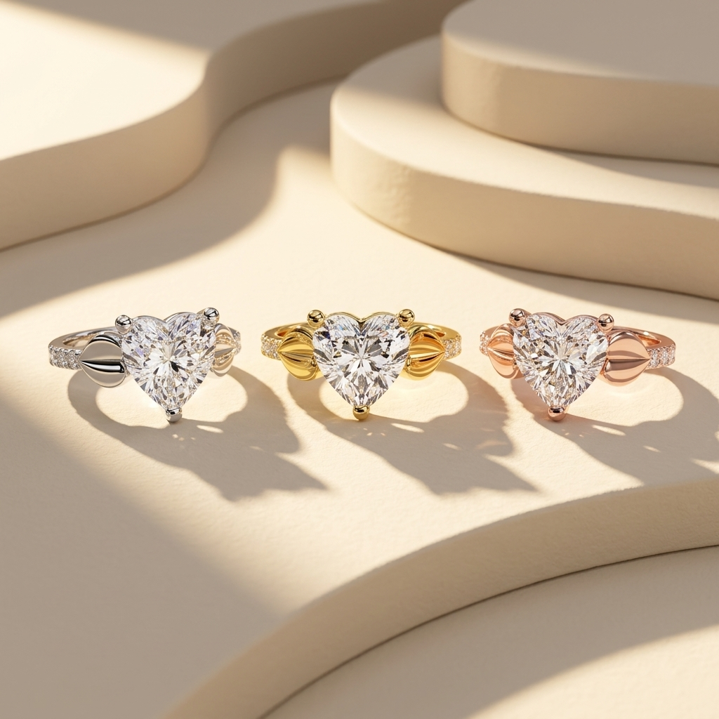 Heart cut solitaire diamond bypass rings in white, yellow and rose gold
Tricolor heart shaped diamond engagement ring collection
Luxury heart solitaire bypass rings in three gold finishes
Fine jewelry tricolor heart cut diamond ring showcase
Premium white, yellow and rose gold heart engagement ring collection
Contemporary heart cut solitaire rings with bypass band design
Designer tricolor heart diamond bypass ring trio
Elegant heart shaped solitaire engagement rings with pavé shoulder accents
Stylish tricol