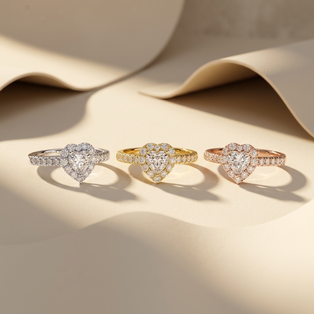 White yellow and rose gold heart diamond halo rings
Three heart shaped diamond rings in elegant gold tones
Sparkling heart center diamond rings with pavé halo settings
Luxury tricolor gold ring collection featuring heart cut diamonds
Brilliant heart diamond rings with shimmering stone set bands
Fine jewelry heart halo rings displayed in three gold finishes
Radiant diamond heart rings arranged under warm natural light
Elegant pavé diamond rings with romantic heart shaped center stones
Three glamorous heart d