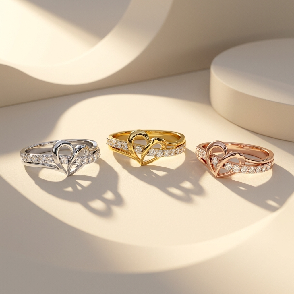 White yellow and rose gold heart rings with flowing diamond bands
Three interlaced heart rings featuring sparkling pavé wave accents
Mixed gold diamond rings with sculpted open heart center motifs
Elegant heart inspired ring trio arranged under warm sunlight
Curved diamond rows crossed by polished gold heart silhouettes
Coordinated tricolor rings showcasing graceful crossover detailing
Fine jewelry heart rings with sweeping diamond set band designs
Artistic openwork gold rings casting bold heart shaped shad