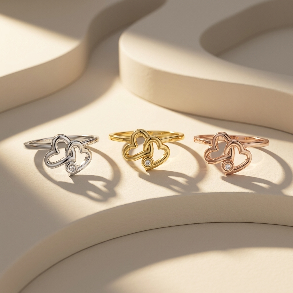 Three interlocking heart diamond rings in white yellow and rose gold
Tricolor double heart rings with delicate round diamond accents
White yellow and rose gold romantic heart ring collection
Luxury intertwined heart rings displayed under warm studio lighting
Three polished gold rings featuring overlapping open heart designs
Elegant diamond accent heart ring trio on cream jewelry display
Fine jewelry collection of sculptural double heart gold rings
Romantic mixed metal heart rings with bezel set diamond acce