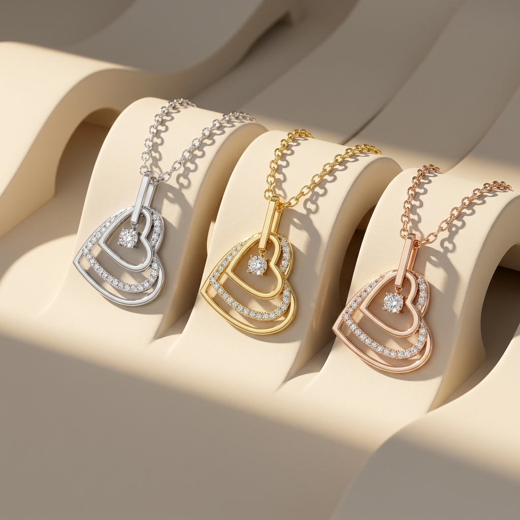 Layered open heart diamond pendant necklaces in white yellow and rose gold
Tricolor layered open heart pendant necklace collection
Luxury layered heart diamond pendants in three gold finishes
Elegant open heart necklaces with floating round solitaire diamonds
Fine jewelry tricolor layered heart pendant showcase
Premium white yellow and rose gold layered heart diamond necklace collection
Contemporary layered open heart pendants with pavé diamond accents
Designer tricolor layered heart pendant necklace trio
S