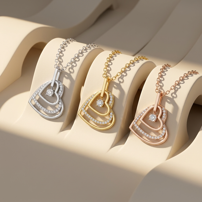 Layered open heart diamond pendant necklaces in white yellow and rose gold
Tricolor layered open heart pendant necklace collection
Luxury layered heart diamond pendants in three gold finishes
Elegant open heart necklaces with floating round solitaire diamonds
Fine jewelry tricolor layered heart pendant showcase
Premium white yellow and rose gold layered heart diamond necklace collection
Contemporary layered open heart pendants with pavé diamond accents
Designer tricolor layered heart pendant necklace trio
S